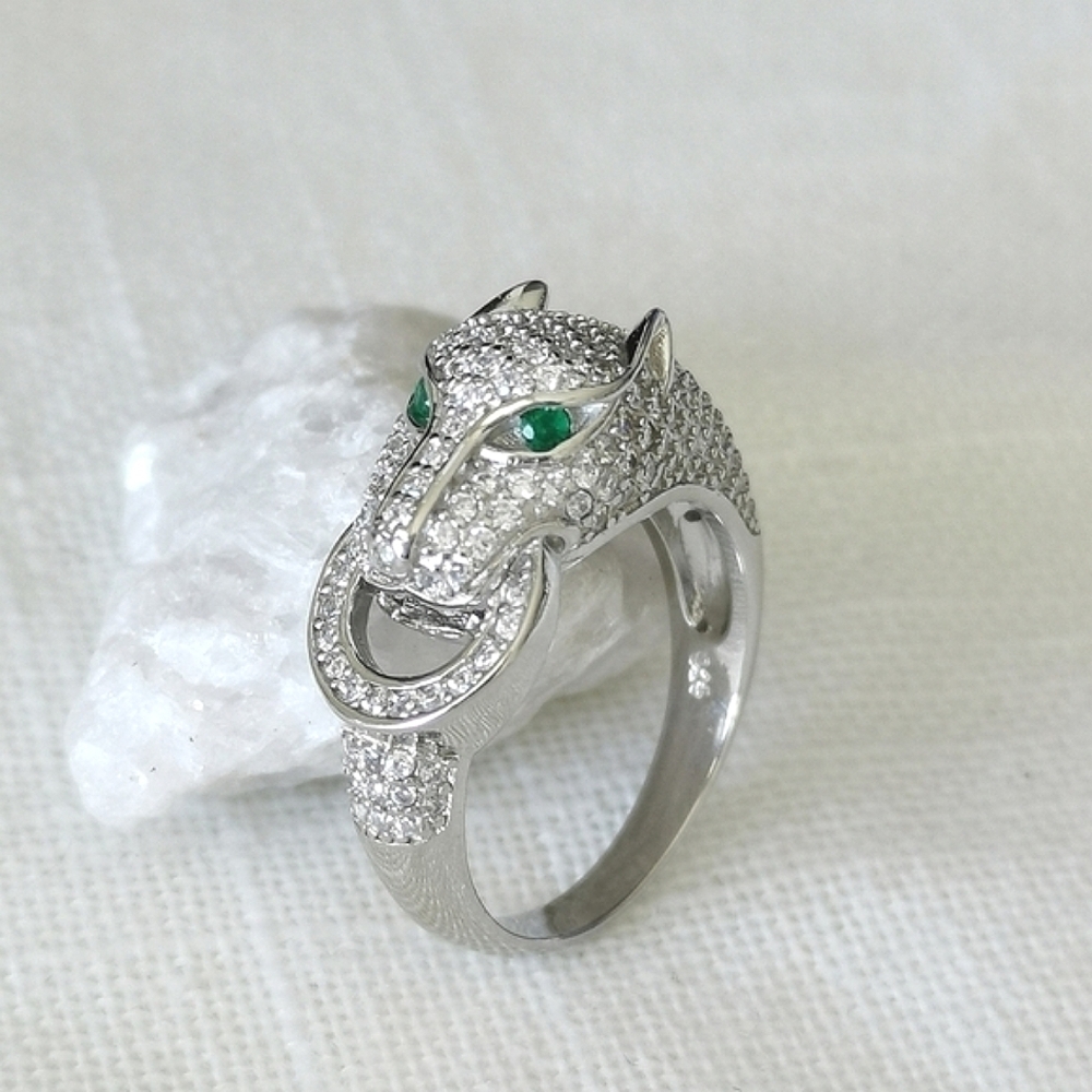 Panther Ring sterling silver cz and emerald eye cat size 8
